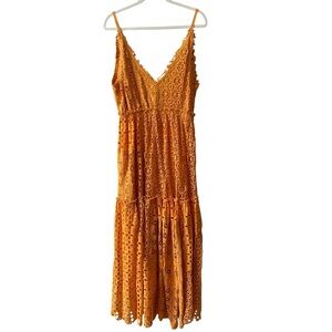 BHLDN x FP ONE Eyelet Midi Dress Sz M Orange Boho Cottagecore EUC